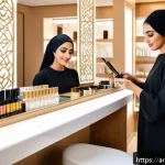 Home 20 뷰티컨설턴트 커리어 패스 - A modern beauty salon interior in a Middle Eastern setting, with natural and organic skincare produc...