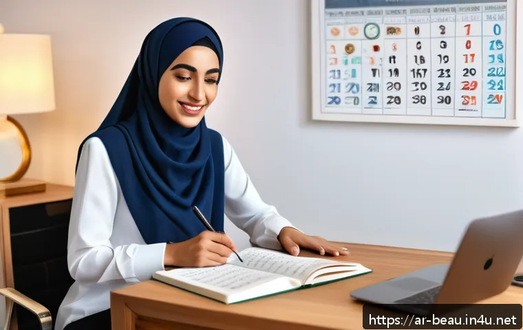 뷰티컨설턴트 자격증 시험 대비 사례 - A detailed scene of an Arabic woman studying for a beauty consultant certification exam in a cozy, m...