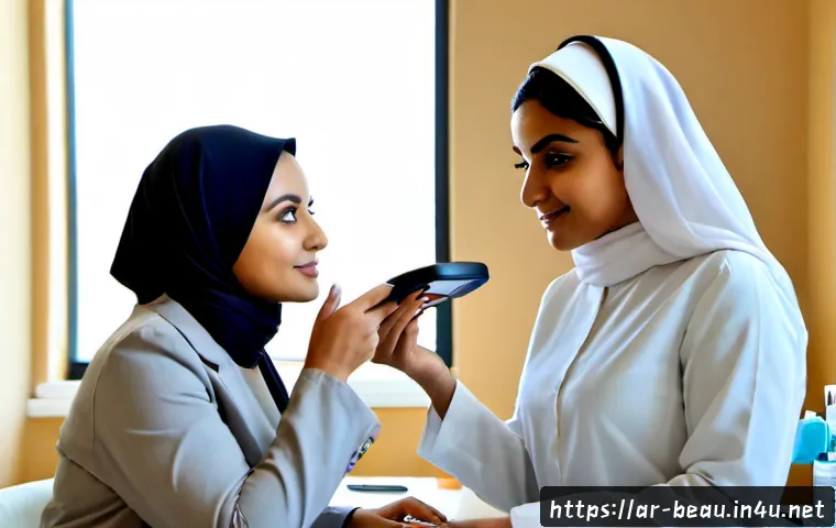 뷰티컨설턴트 피부 상담 노하우 - Photorealistic beauty consultant conducting a personalized facial skin consultation with an adult Ar...
