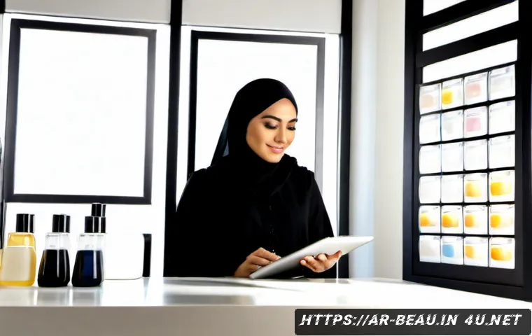 뷰티컨설턴트 관련 데이터 분석 - Photorealistic beauty consultant in a modest elegant abaya and hijab analyzing customer skincare tre...
