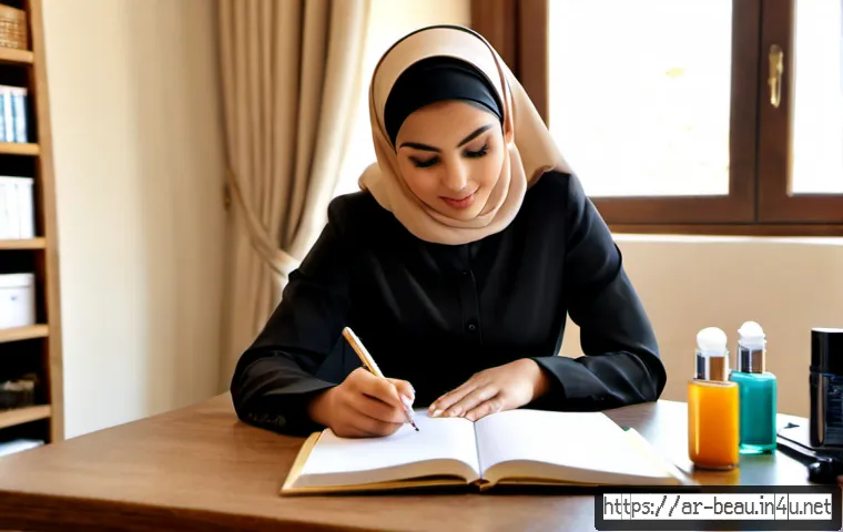 뷰티컨설턴트 자격증 취득법 - Photorealistic beauty consultant certification study scene for an Arab audience, confident young Ara...