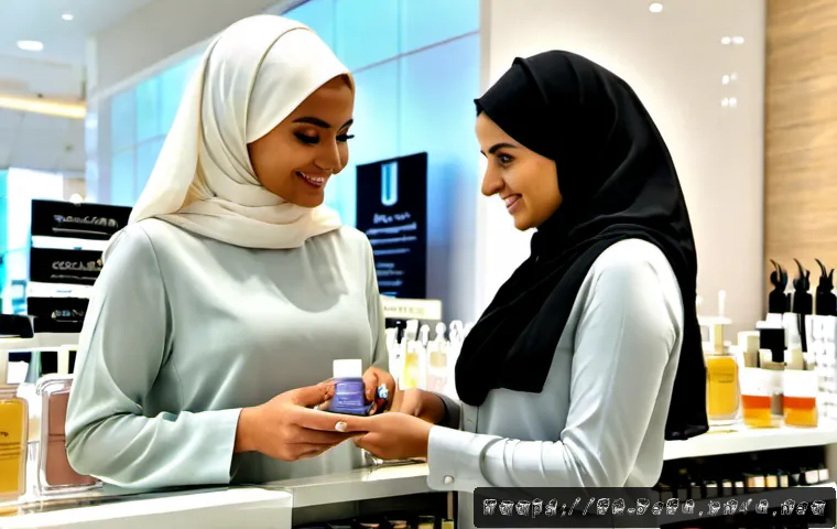 뷰티컨설턴트 직업 생활 만족도 - Photorealistic beauty consultant in a modest elegant long-sleeved outfit and hijab, warmly assisting...