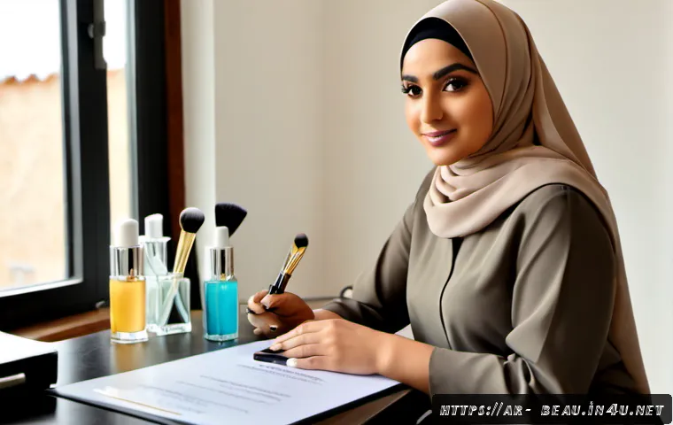 뷰티컨설턴트 추천 자격증 - Photorealistic beauty consultant certification concept, confident Arab woman in modest elegant attir...