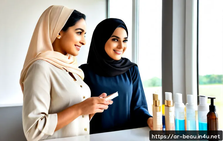뷰티컨설턴트 성공 스토리 공유 - Photorealistic successful Arab beauty consultant in elegant modest attire and a neatly wrapped hijab...