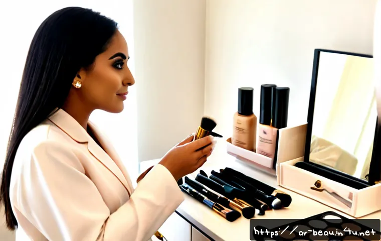 뷰티컨설턴트 전문 용어 정리 - Photorealistic beauty consultant workstation in an elegant Gulf-region skincare boutique, a professi...