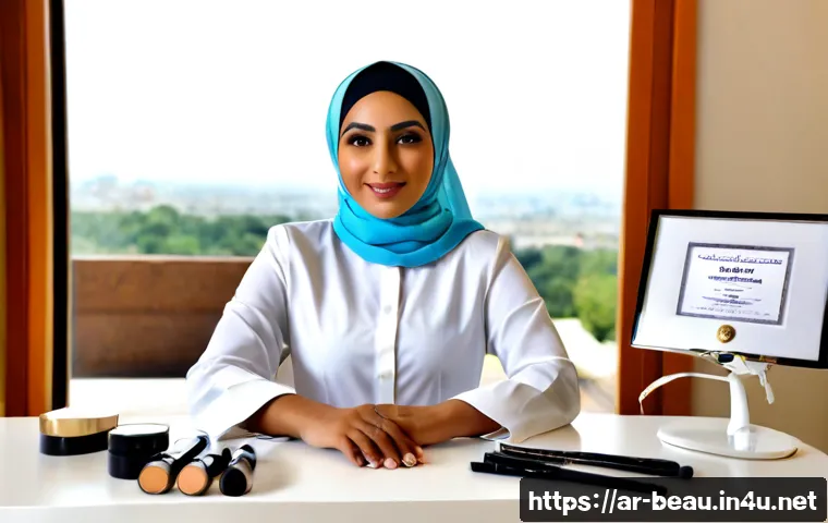 뷰티컨설턴트 국제 자격증 소개 - Photorealistic editorial scene of a confident Arab beauty consultant in elegant modest professional ...