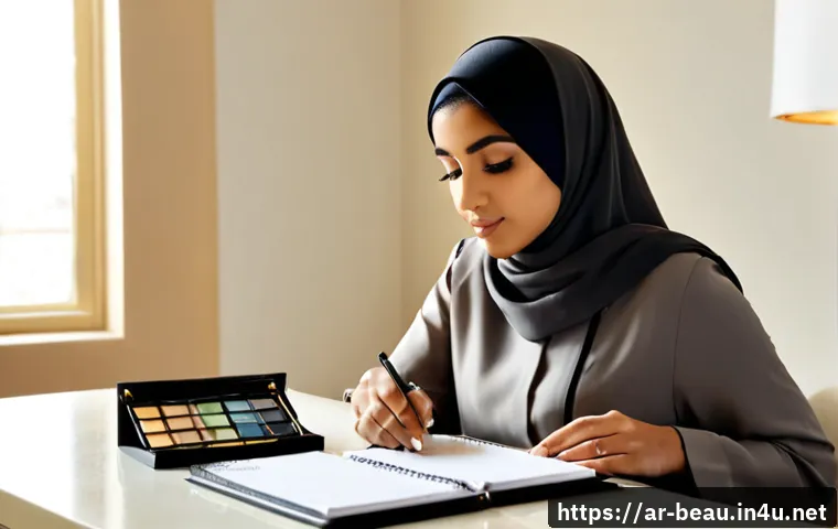 뷰티컨설턴트 목표 설정법 - Photorealistic Arab beauty consultant in a modest elegant hijab and tailored neutral outfit, seated ...